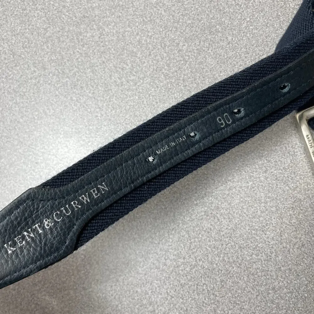 Kent and Curwent Belt 90cm Mens Blue Cotton Leather Preppy Silver Buckle Stripe
